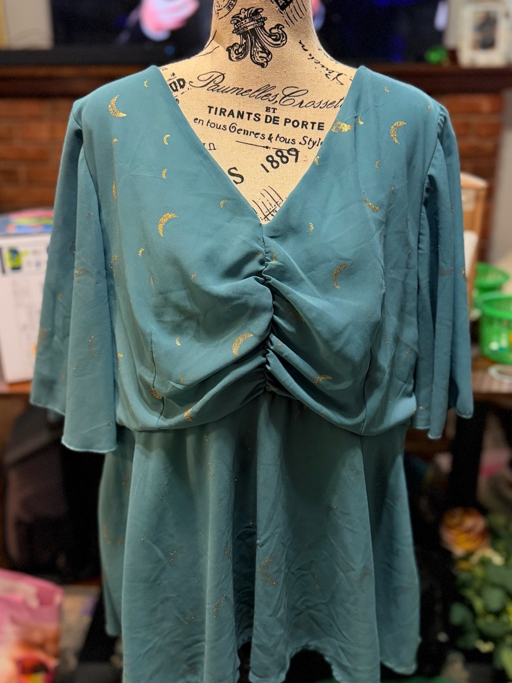 SHEIN Teal V-Neck Ruched Front Top with Gold Moon Print